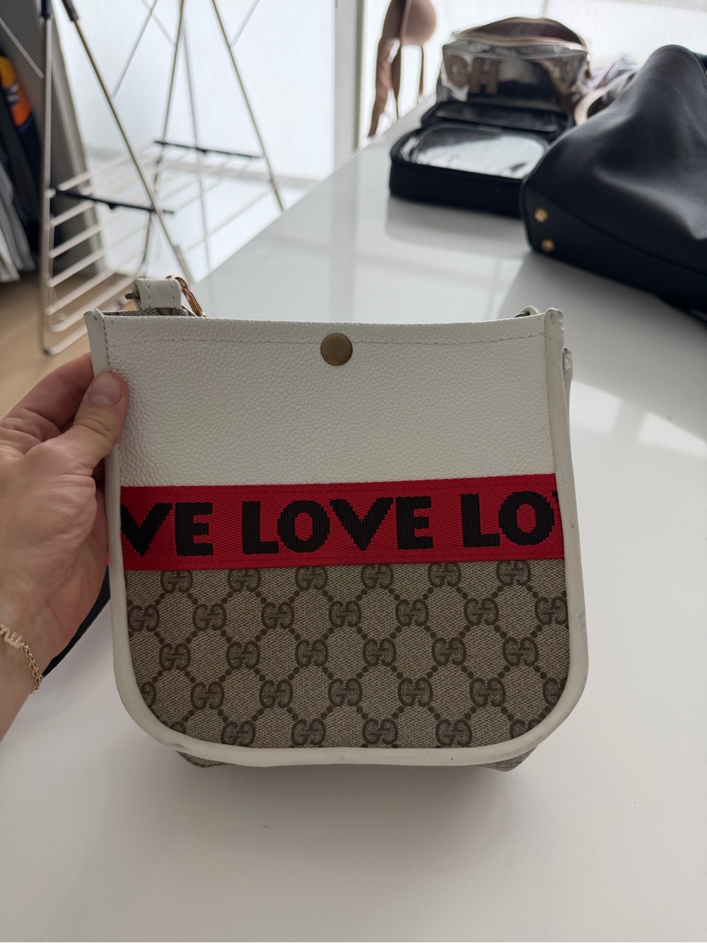 Gucci White & Beige GG Canvas Crossbody with Red LOVE Band